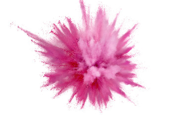 Colored powder explosion on white background. Abstract closeup dust on backdrop. Colorful explode....