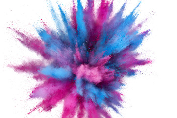 Colored powder explosion on white background. Abstract closeup dust on backdrop. Colorful explode....