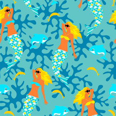 Obraz premium Seamless background with mermaids. Template for fabric, wrapping paper, backgrounds