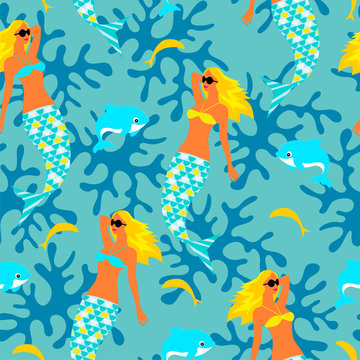 Seamless  background with mermaids. Template for fabric, wrapping paper, backgrounds