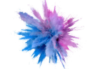 Fototapeta na wymiar Colored powder explosion on white background. Abstract closeup dust on backdrop. Colorful explode. Paint holi
