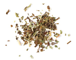 Macro dried oregano leaves isolated on white background, top view