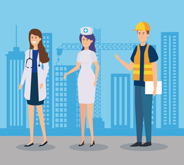 woman doctor with professional nurse and builder