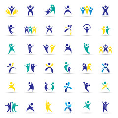 Fototapeta premium Abstract Logo Set. Human Character Figure Isolated On Gray Background. Icons Of Success, Celebration, Achievement And Activity. Vector Illustration Of People Logo, Graphic Design