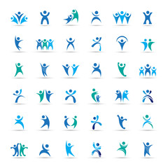 Abstract Logo Set. Human Character Figure Isolated On Gray Background. Icons Of Success, Celebration, Achievement And Activity. Vector Illustration Of People Logo, Graphic Design