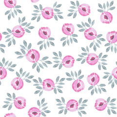 Wildflowers watercolor seamless pattern. Roses and leaves print