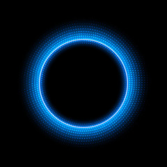 Neon circle with dots light effect on black background. Modern round frame with empty space for text for advertising, banner, card. Vector illustration.