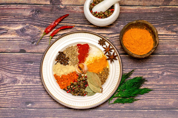 the spices of the world are bright and colorful for culinary gourmet dishes in the kitchen. 