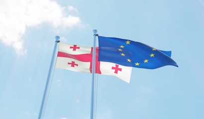 Georgia and EU, two flags waving against blue sky. 3d image