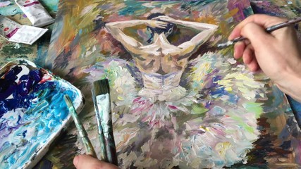 The artist draws ballet with a brush and acrylic paints. Creator makes a work of art, paint brushes and strokes