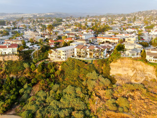 Aerial view of San Clemente beach and coastline before sunset time . San Clemente city in Orange County, California, USA. Travel destination in the South West Coast. Famous beach for surfer.