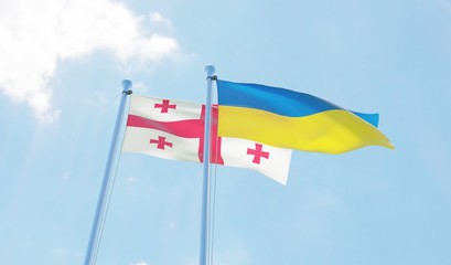 Georgia and Ukraine, two flags waving against blue sky. 3d image