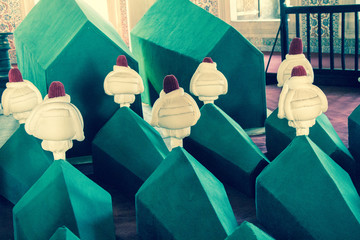 Rows of coffins in ottoman mausoleum tomb
