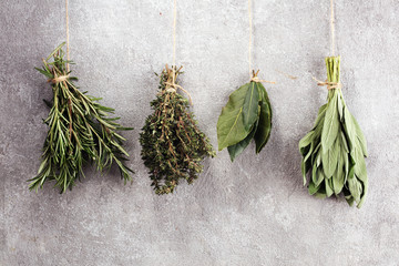 Homegrown and aromatic herbs on rustic background with rosemary and basil