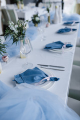 Served for wedding banquet table in blue white. Wedding decoration.