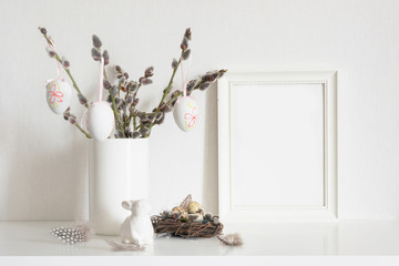 Easter tree, bunny with frame for text. Spring.