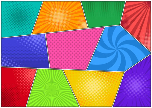 Set of comic background. Comic book page template of colorful frames divided by lines with rays, radial, halftone, and dotted effects. Vector illustration in pop art style
