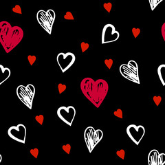 Black seamless background with red and white hearts drawn by hand. Wallpaper suitable for Valentine's day. Vector illustration