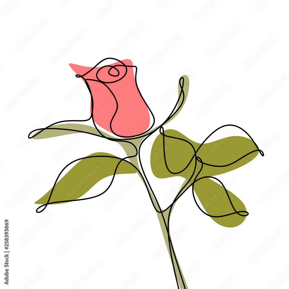Poster minimalist rose hand drawn single line continuous style with color