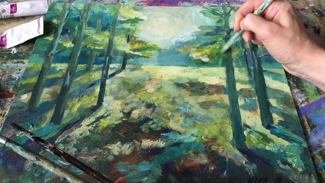 Painting beautiful summer forest. Sunlight in the forest Painting Acrylic and Full spectrum on Canvas and Cardboard