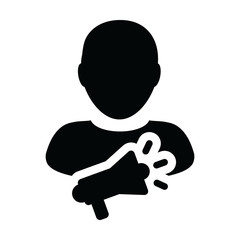 Press icon vector male person profile avatar symbol with megaphone for advertising campaign in glyph pictogram illustration