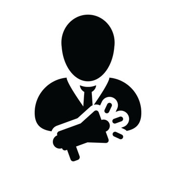recommend clip art: Marketing icon vector male person profile avatar symbol with megaphone for advertising campaign in glyph pictogram illustration