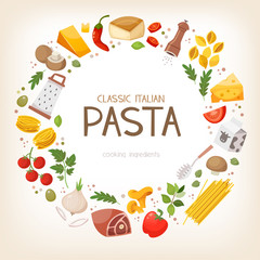 Group of vegetables and pasta ingredients arranged in circle border. Vector illustration