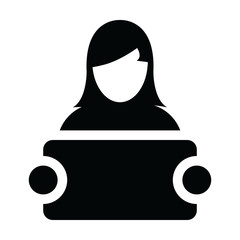 Media icon vector female person profile avatar symbol with signboard for advetising campaign in glyph pictogram illustration