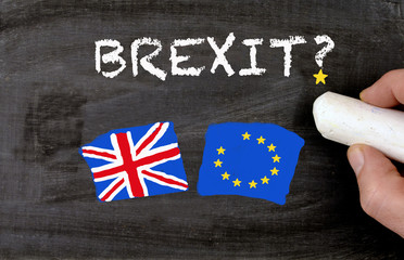 Brexit chalkboard with uk and european flag question star