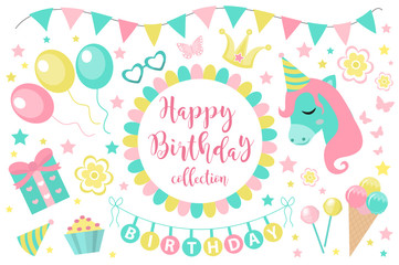 Happy birthday modern cute icons set, cartoon flat style. Party collection of design elements with unicorn, balloons, gerland, sweets. Candy and cake for childrens holiday kit. Vector illustration.