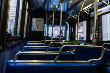 Empty seats inside a bus in New York City, USA