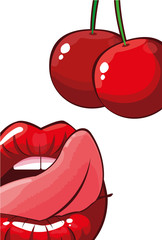 sexy female lips with cherries fruit pop art style