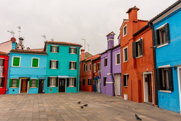 Italy, Venice, Burano, view and architectural details of the typical colored houses.