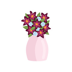 Beautiful burgundy and blue color flowers composition in vase on empty background