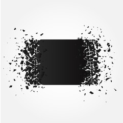 Black square banner with debris isolated on white background. Abstract black explosion. Vector square destruction shapes with debris.