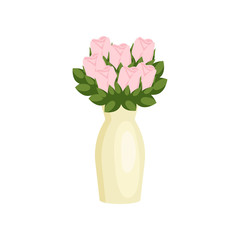 Beautiful dainty flowers roses composition in high vase on empty background