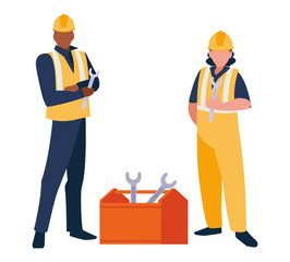 couple of men builders working with toolbox