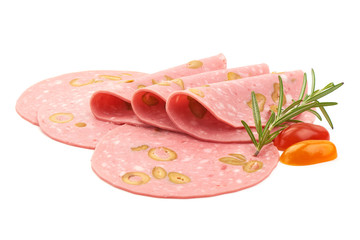 Salami slices with olives, smoked sausage with rosemary, close-up, isolated on white background