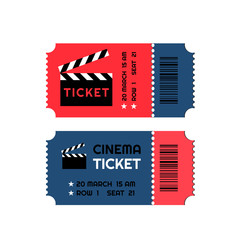 Naklejka premium Two red-blue entry pass tickets stub for cinema