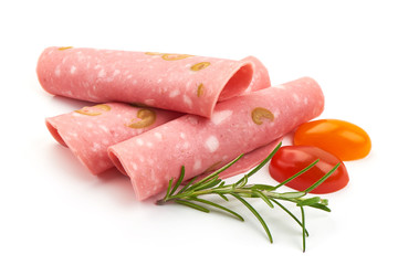 Spanish salami slices with olives, traditional smoked sausage, close-up, isolated on white background