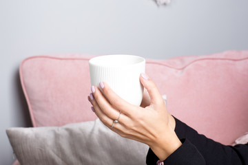 Female hands hold tea in white ceramic mug in a pink interior