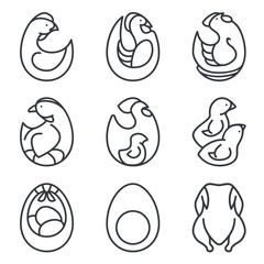 Set of 9 vector images of hen, rooster, eggs,  chick and chickens on a transparent background. Simple, contoured, the same size, oval shape, one color.