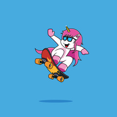 Cartoon Unicorns Play Skateboard on blue background