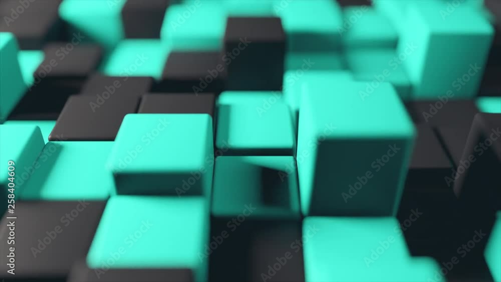 Poster abstract 3d animation of the movement of two-color cubes turquoise and black, seamless loop 4k backg
