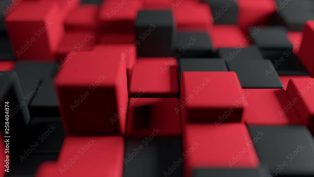 Poster abstract 3d animation of the movement of two-color cubes red and black, seamless loop 4k background