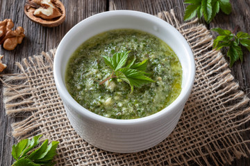 Pesto made from ground elder leaves and nuts