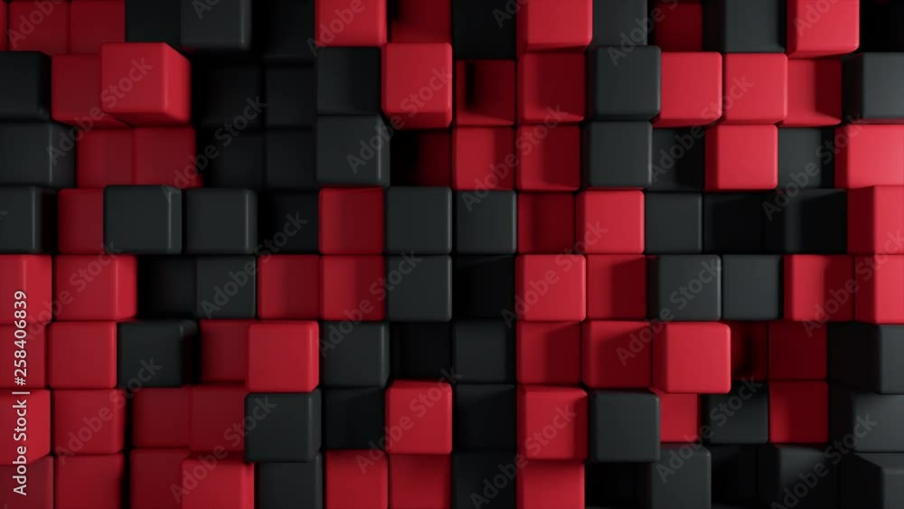 Poster abstract 3d animation of the movement of two-color cubes red and black, seamless loop 4k background
