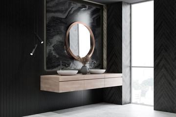Modern design bathroom interior with circle mirror