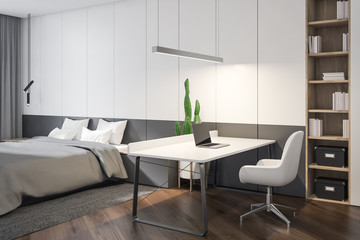 Moder design white and grey bedroom interior.