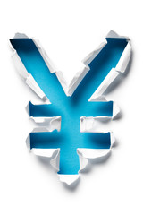 Obraz premium Yen shaped blue hole torn through paper, isolated on white background